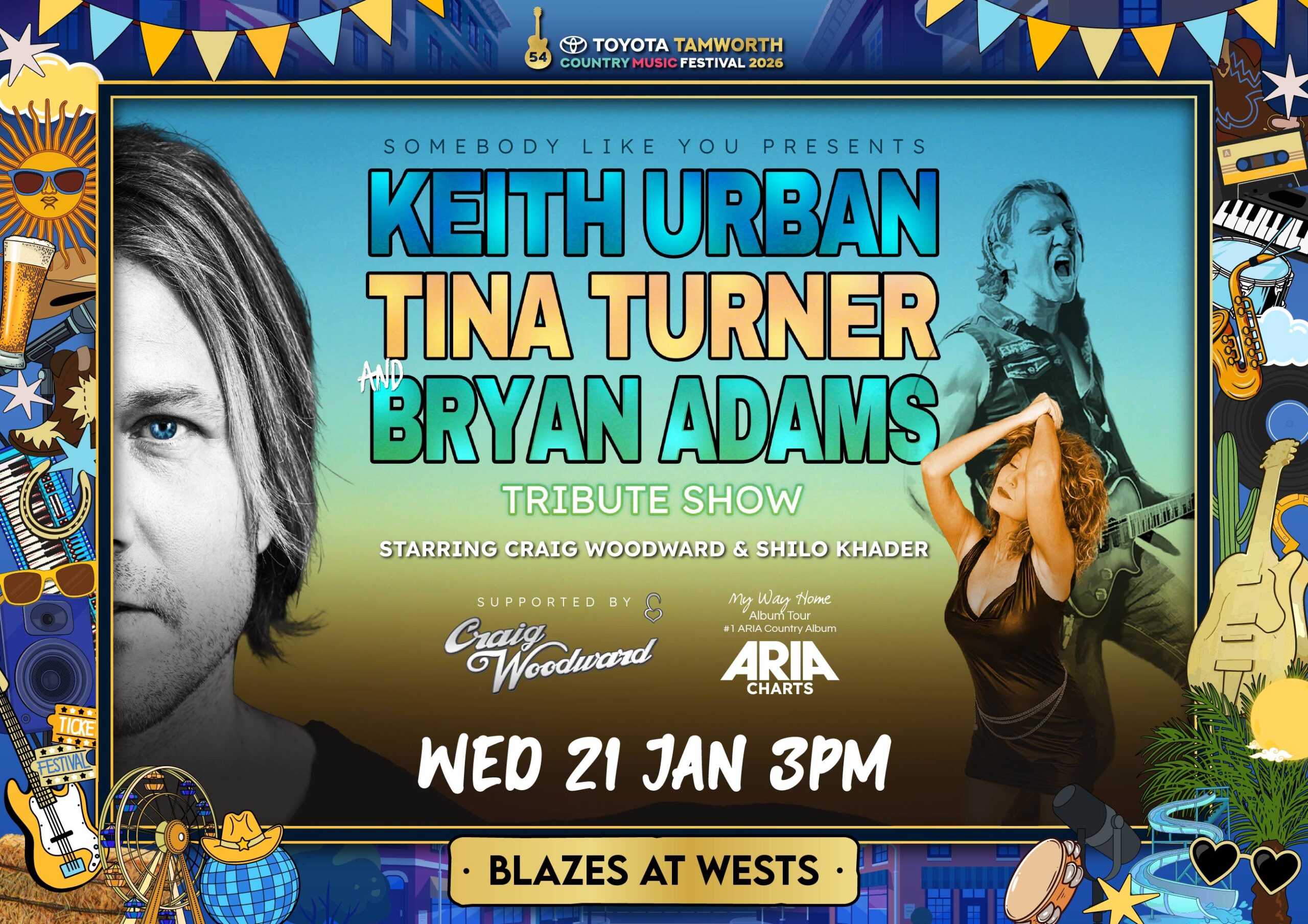 Keith Urban, Tina Turner and Bryan Adams Tribute Tamworth Festival Poster